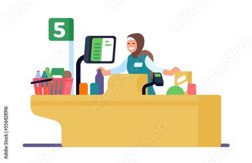 Muslim woman cashier. Supermarket worker. Female store seller in hijab. Islamic shop employee selling food products. Retail service job. Saleswoman behind checkout counter. Vector concept