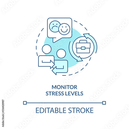 Monitor stress levels turquoise concept icon. Retain employees during mergers abstract idea thin line illustration. Isolated outline drawing. Editable stroke. Arial, Myriad Pro-Bold fonts used