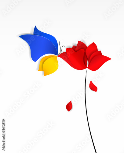 Butterfly of the colors of the Ukrainian national flag sitting on red flower poppy isolated on white background. Conceptual Vector illustration.