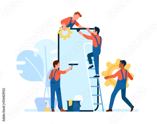 Phone repair service. Engineers fix smartphone. Maintenance professional employees. Broken electronics. Technicians work. Workers cleaning screen and change cogwheels. Vector concept