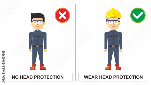 Workplace safety notice of do's and don'ts practice. Worker do not wear head protection or hardhat. Unsafe condition and act.