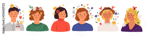 Positive thinking people. Young guys and girls. Smiling faces. Shoulder portraits. Nice peaceful symbols around heads. Flowers and sparks. Emotion expressions. Happy mood. Garish vector set