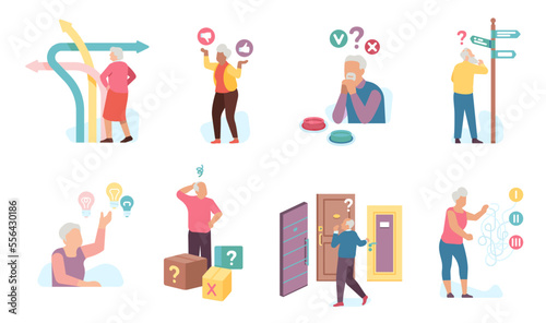 Thinking old people choose. Grandparents make path choices. Arrow pointers. Persons select ideas and buttons. Aged men and women decisions. Elderly dementia. Vector confused seniors set