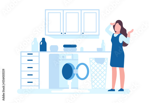Washing machine is broken. Household appliance maintenance. Plumber repair service. Woman and washer with leakage. Laundry equipment. Plumbing problem. Domestic troubles. Vector concept