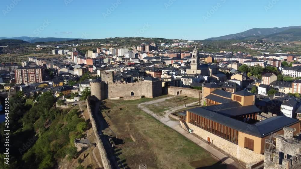 Ponferrada, Spain and the Templar Castle, church and surrounding community and distinctive landscape - aerial flyover Ponferrada, Spain and the Templar Castle, church and surrounding community and distinctive landscape - aerial flyover