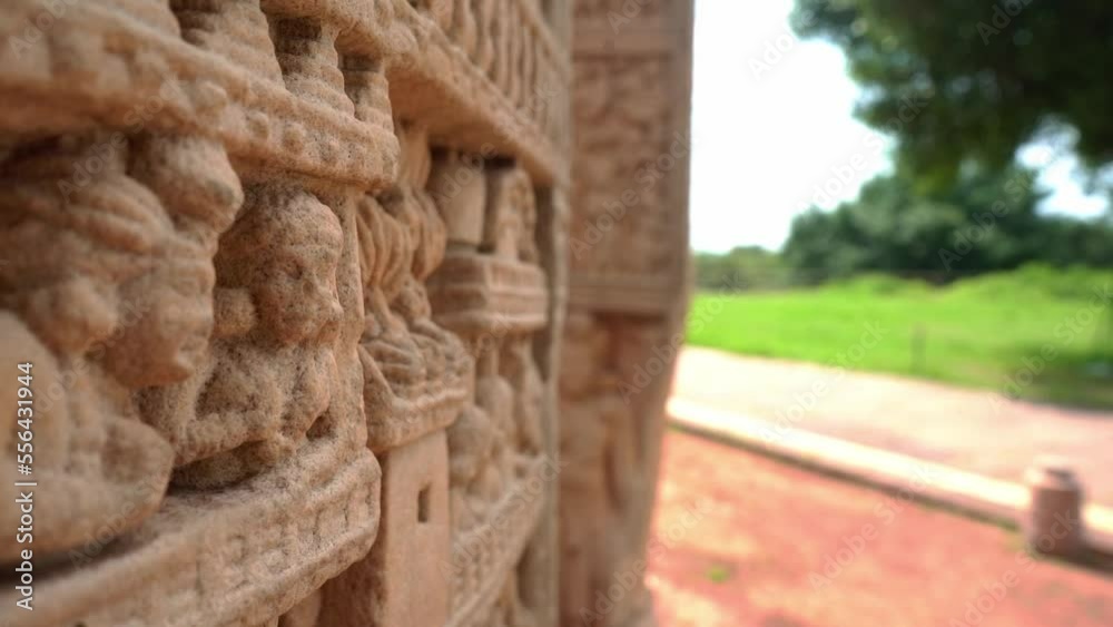 The Great Stupa Pillar Carvings At Sanchi Near Bhopal In Madhya Pradesh, India. Rack Focus Shot The Great Stupa Pillar Carvings At Sanchi Near Bhopal In Madhya Pradesh, India. Rack Focus Shot