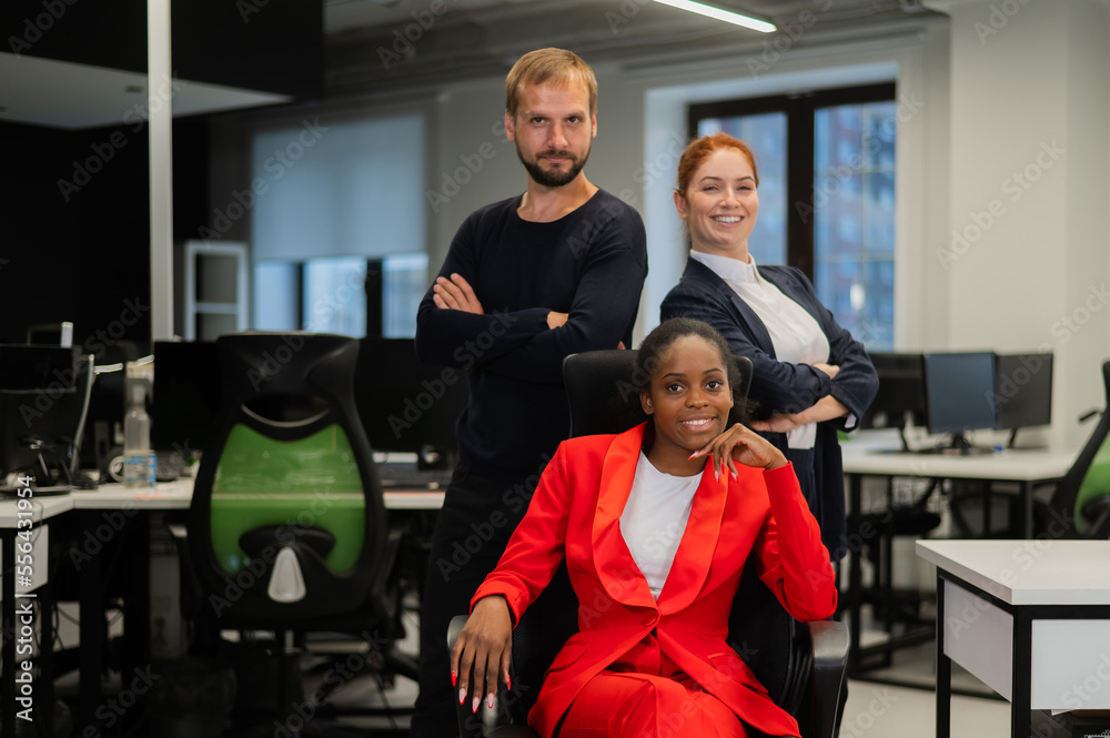 Caucasian redhead woman, bearded caucasian man and african american young woman in office. 
