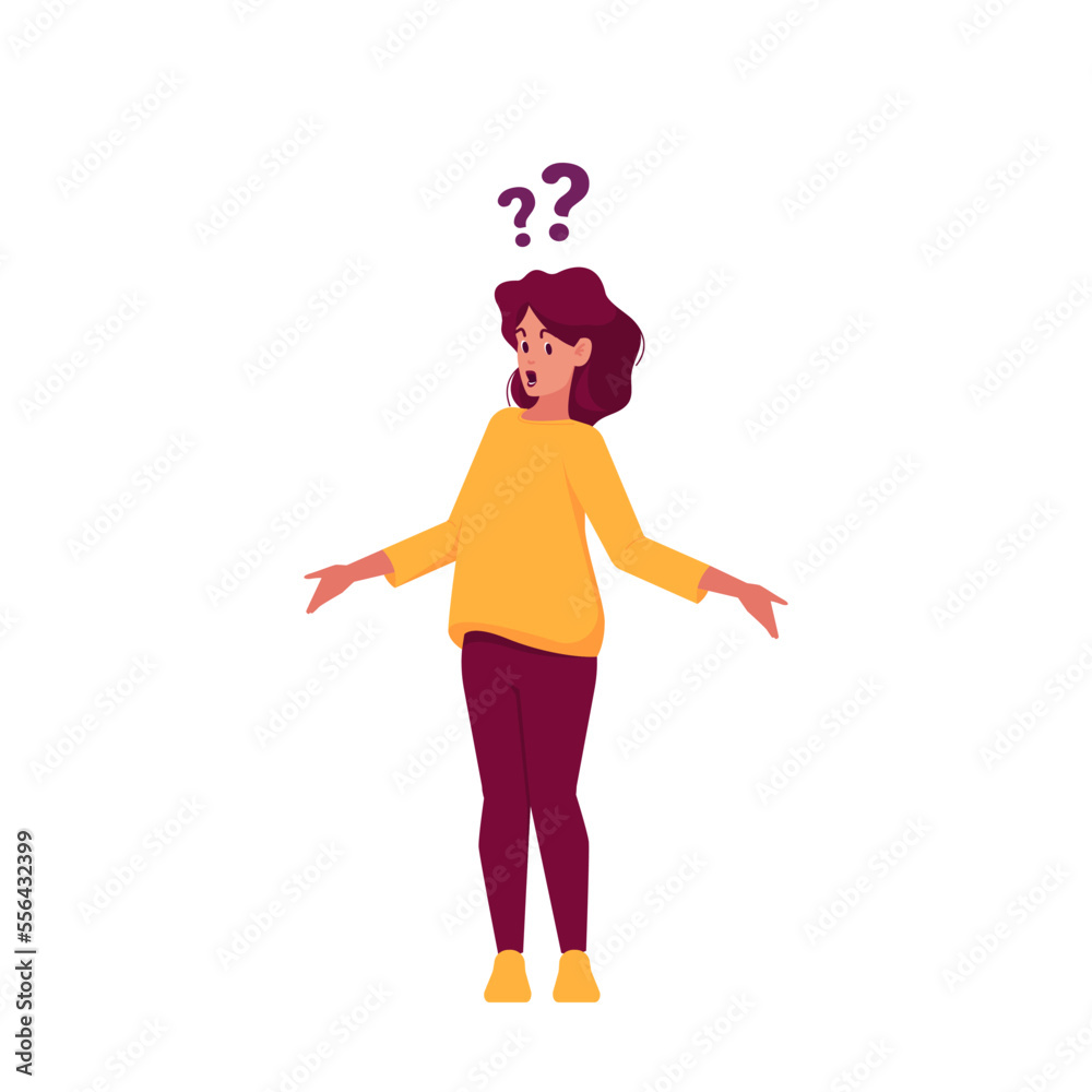 Solving Problem, Searching Solution and Info, Doubts and Confusion Concept. Serious Female Character with Questions Solving Problem, Searching Solution and Info, Doubts and Confusion Concept. Serious Female Character with Questions