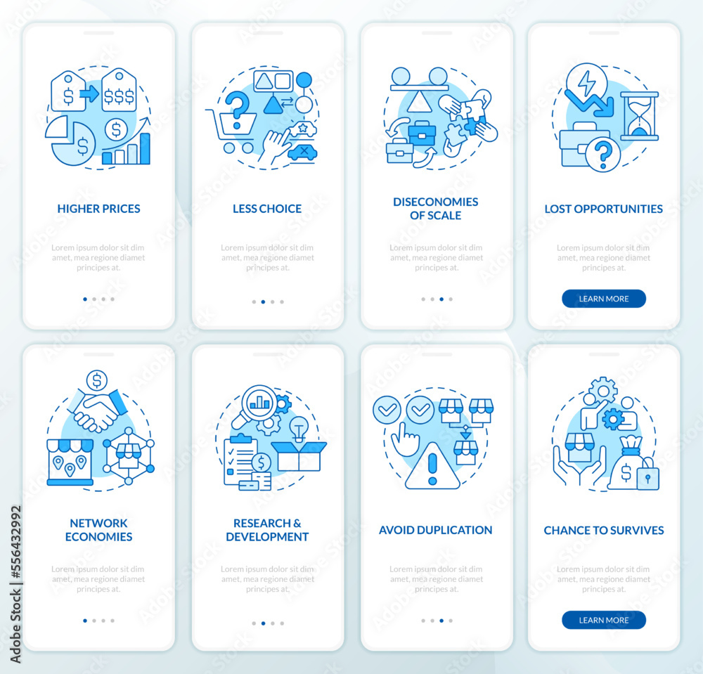 Merge and acquire companies blue onboarding mobile app screen set. Walkthrough 4 steps editable graphic instructions with linear concepts. UI, UX, GUI template. Myriad Pro-Bold, Regular fonts used