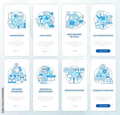 Merge and acquire companies blue onboarding mobile app screen set. Walkthrough 4 steps editable graphic instructions with linear concepts. UI, UX, GUI template. Myriad Pro-Bold, Regular fonts used