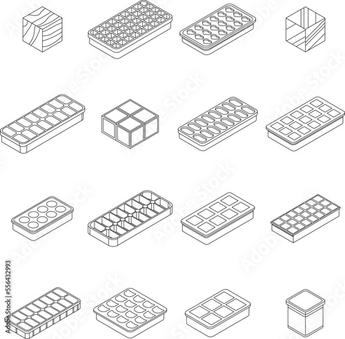 Ice cube trays icons set. Isometric set of ice cube trays vector icons for web design isolated on white background outline