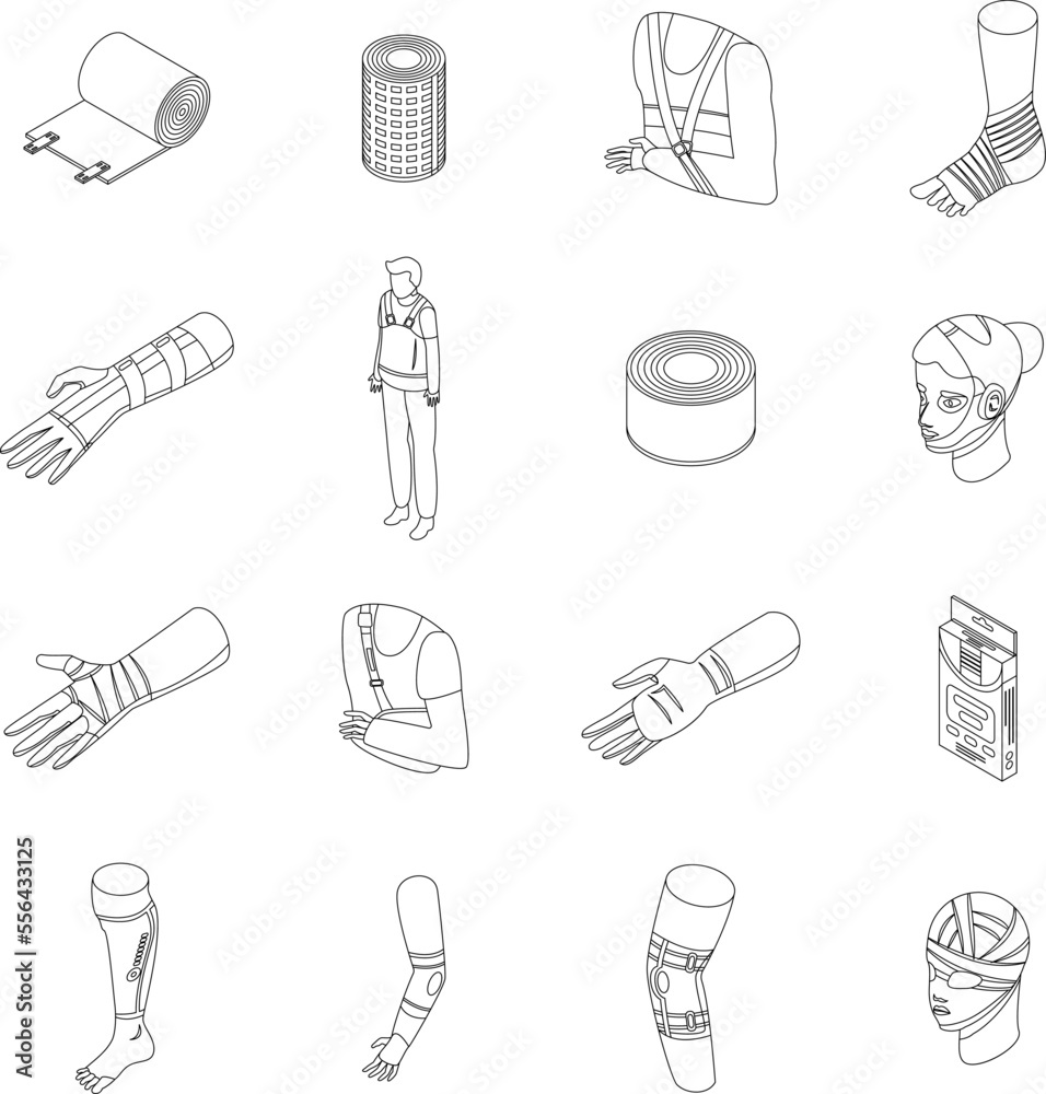 Bandage icons set. Isometric set of bandage vector icons for web design isolated on white background outline Bandage icons set. Isometric set of bandage vector icons for web design isolated on white background outline
