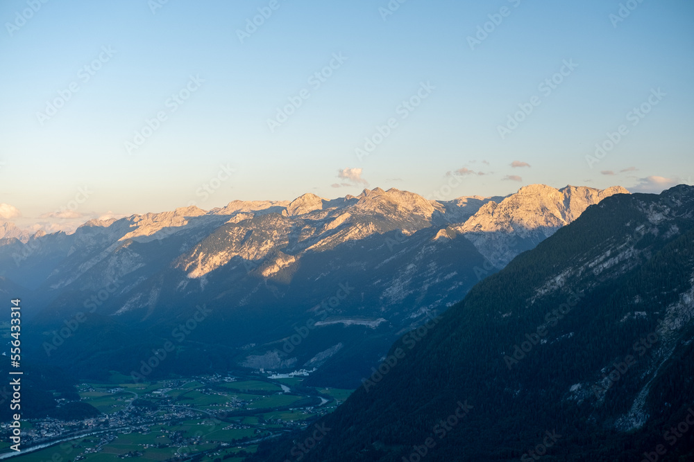 Austrian alps background in summer, popular travel destination, photo background. Summer sunset sunrise. Mountains' natural background, tourist destination