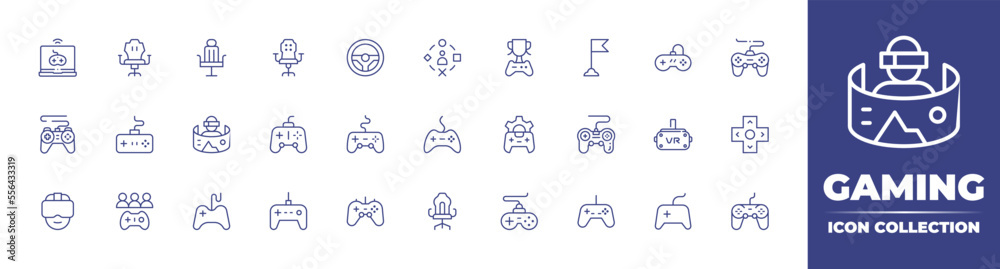 Gaming line icon collection. Editable stroke. Vector illustration. Containing gaming, gaming chair, steering wheel, user experience, winner, headphones, gamepad, game, virtual reality, and more.