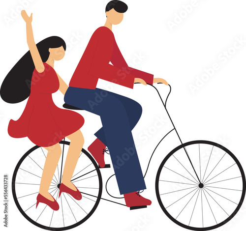 Boy and Girl in love cycling together. Cute Lovely Couple Cycling Together. 