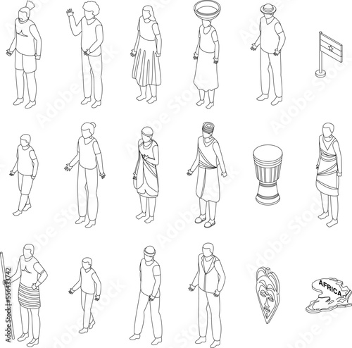 African people icons set. Isometric set of african people vector icons for web design isolated on white background outline