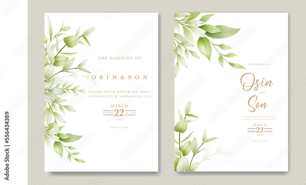 Wedding invitation Card with Green Leaves watercolor 