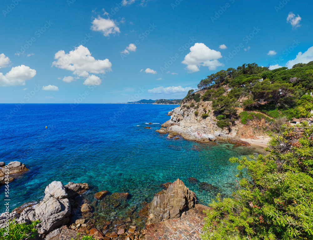 Summer sea rocky coast view with trees and beach (Catalonia, Costa Brava, Spain).
