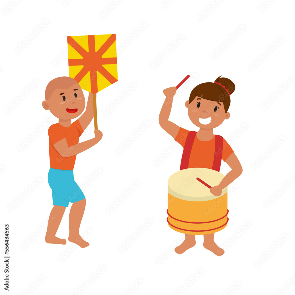 Personagens de carnaval - menino com bandeira e menina com tambor - ilustração vetorial