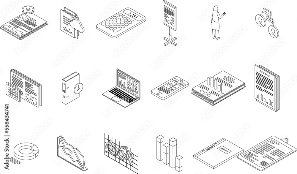 Report icons set. Isometric set of report vector icons for web design isolated on white background outline Report icons set. Isometric set of report vector icons for web design isolated on white background outline