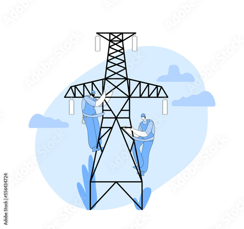 Electrician Workers Characters With Tools And Equipment Work On Electric Transmission Tower. Energy Station Maintenance