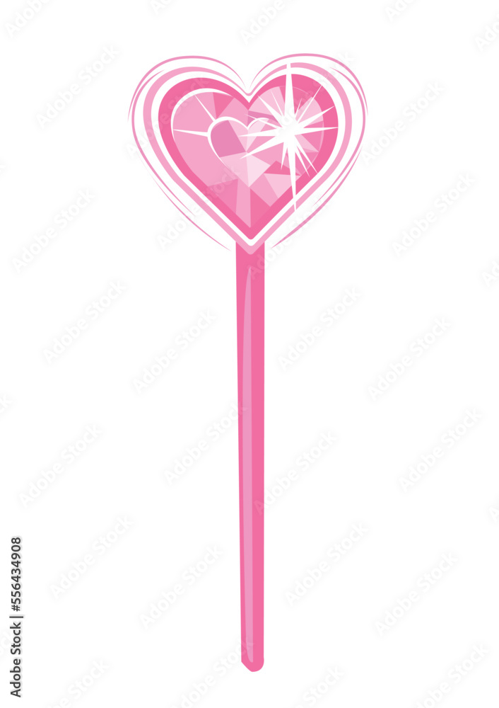 Pink magic wand with a heart shaped gem for a cute little fairy or princess. Vector illustration isolated on white background in cartoon style.