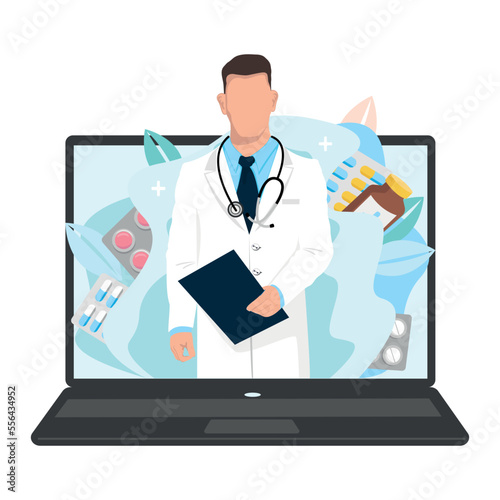 The doctor consults the patient via online video link. The doctor writes a prescription and prescribes treatment online. Healthcare online. Vector illustration isolated on white background.