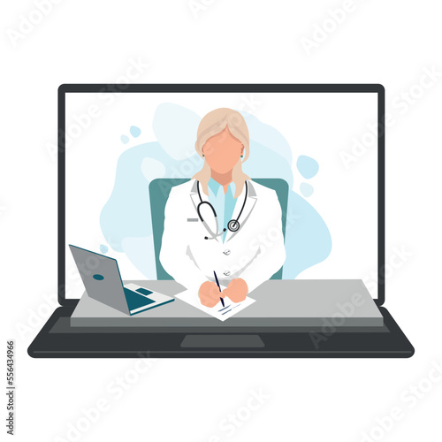 The doctor consults the patient via online video link. The doctor writes a prescription and prescribes treatment online. Healthcare online. Vector illustration isolated on white background.