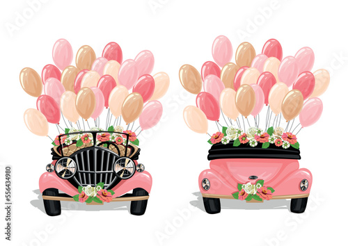 Set of retro wedding car decorated with flowers and balloons, back and front view. Wedding vector illustration template in cartoon style.