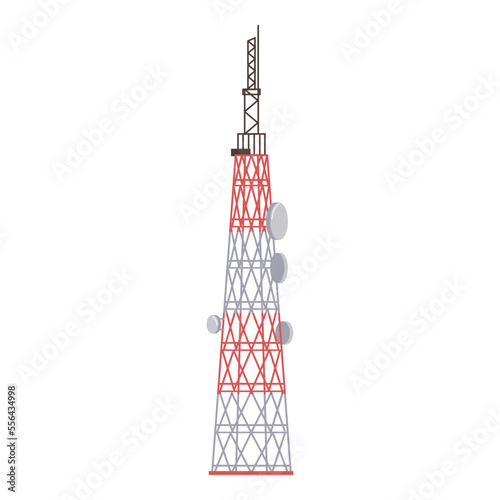 Cell antenna telecommunication tower, radio waves. Vector signal antenna transmitter, television and radio waves broadcasting antenna pole. Flat cartoon telecom transmitter tower