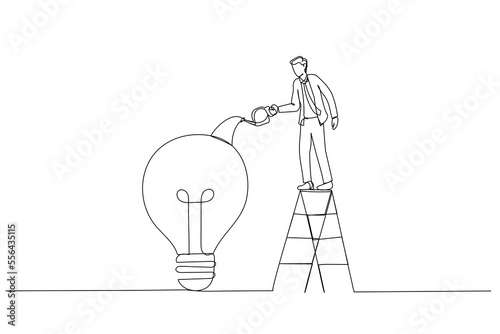 Illustration of businessman drop lubricant or grease into mechanical gears lightbulb  concept of creativity. Single continuous line art style
