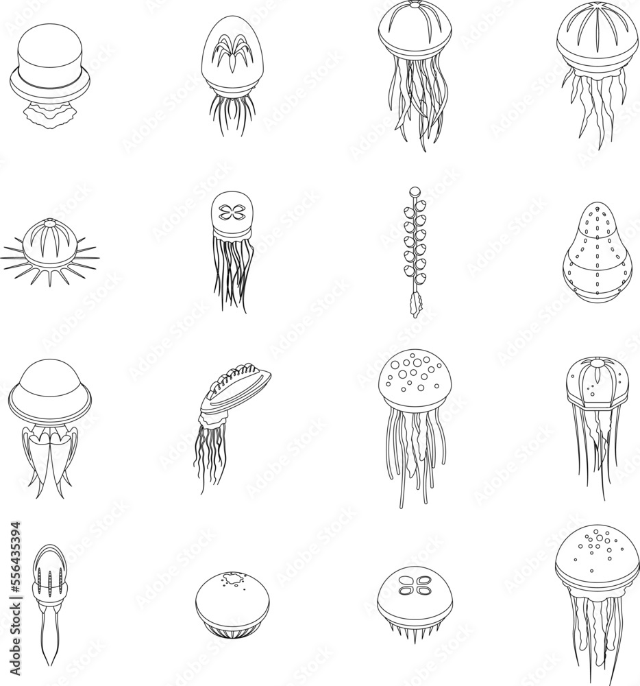 Jellyfish icons set. Isometric set of jellyfish vector icons for web design isolated on white background outline Jellyfish icons set. Isometric set of jellyfish vector icons for web design isolated on white background outline