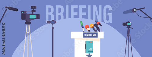 Press Conference Studio Interior, Empty Room With Tribune, Microphones And Cameras On Dark Blue Background