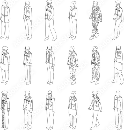 Military uniform icons set. Isometric set of military uniform vector icons for web design isolated on white background outline