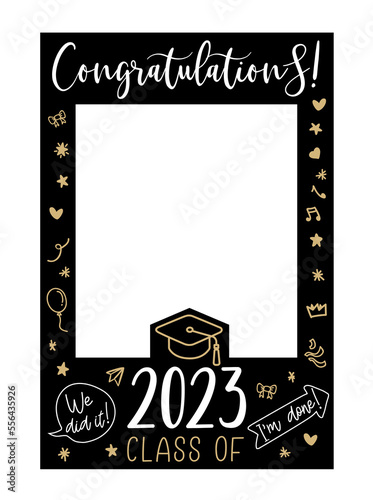 Graduate photo booth frame. Props with Class of 2023. Selfie frame. Kit for graduation party. Decorations party supplies. Graduation party photo booth frame. Gold and black vector illustration.