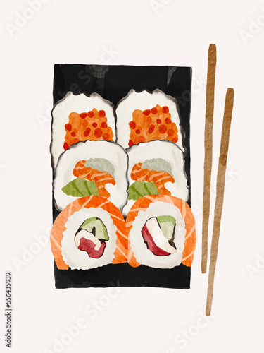Realistic sushi collection on black stone plate. Watercolour sushi. asian Japanese food. vector isolated