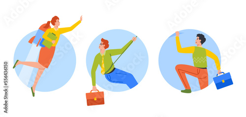 Business Characters Isolated Round Icons Or Avatars. Woman Flying On Jet Pack, Men Climbing By Rope. Advantage, Career