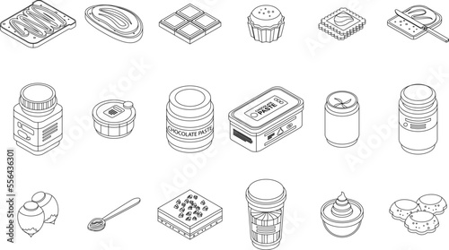 Chocolate paste icons set. Isometric set of chocolate paste vector icons for web design isolated on white background outline