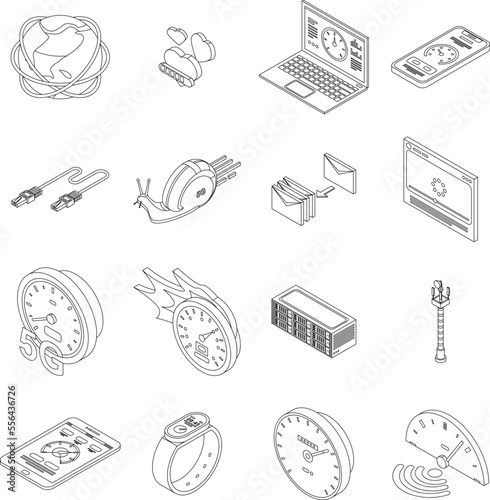Internet speed icons set. Isometric set of internet speed vector icons for web design isolated on white background outline