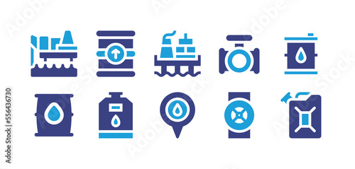 Oil and gas industry icon set. Duotone color. Vector illustration. Containing oil platform, barrel, valve, oil barrel, gasoline, placeholder, jerrycan.