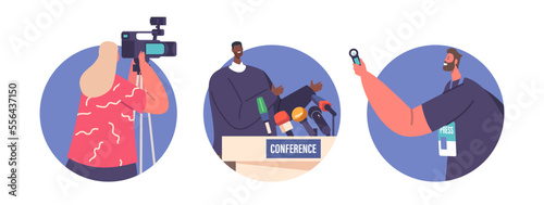 Press Conference Isolated Round Icons, Avatars. Black Man Orator Speaking On Tribune, Journalists Or Press Media Workers