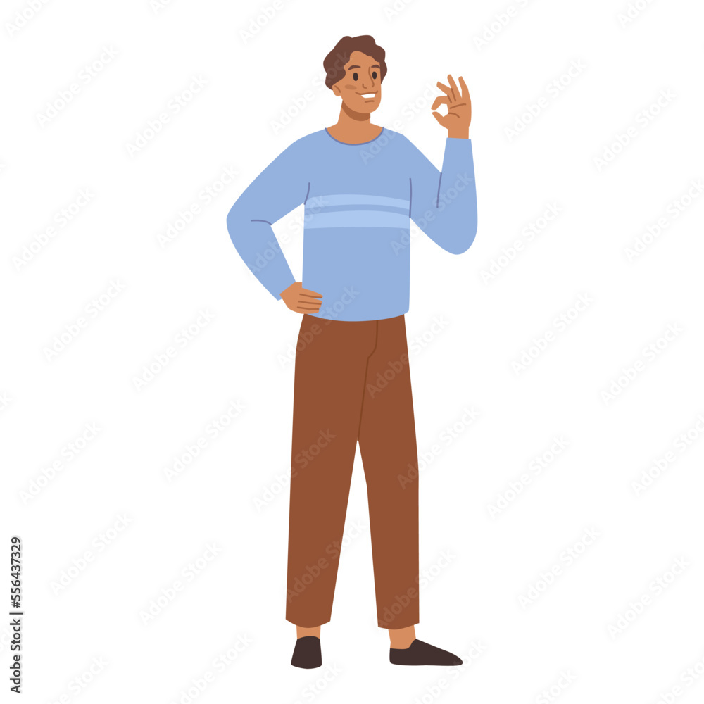 Man standing and pointing by hand ok sign, approved hand gesture. Promotion and advertisement concept. Male introducing product with hand gesture. Cartoon guy show or announce something