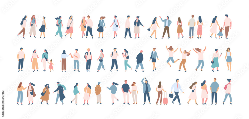 Crowd. Different People silhouette. Male and female flat faceless characters isolated on white background..