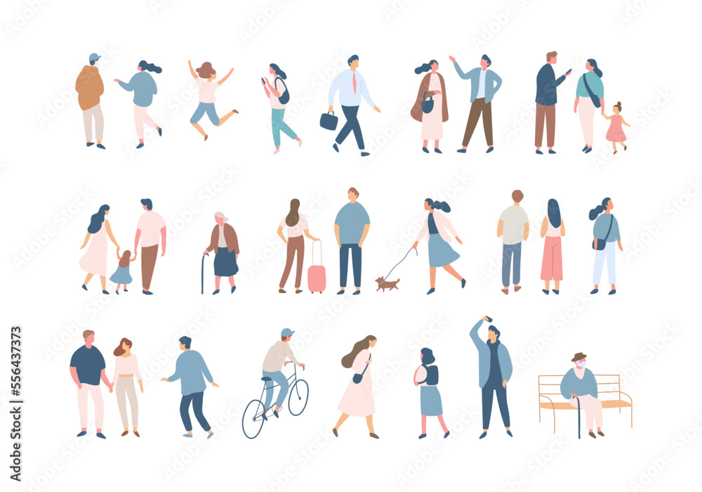 Crowd. Different People silhouette. Male and female flat faceless characters isolated on white background..