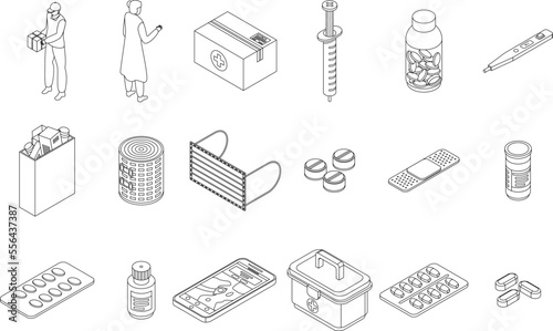 Drug delivery icons set. Isometric set of drug delivery vector icons for web design isolated on white background outline