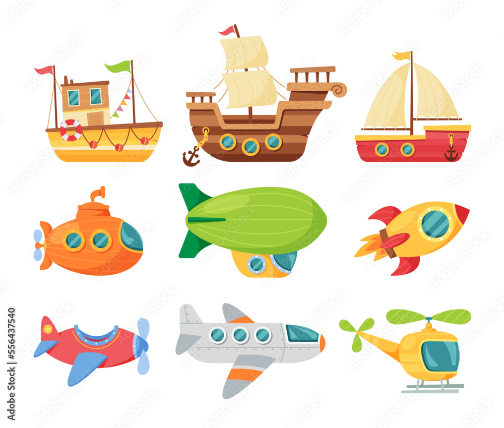Cartoon Transportation Modes In Cute Childish Style. Ship, Yacht Or Sailboat, Submarine And Dirigible. Rocket, Airplane