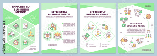 Efficient business merge green brochure template. Teamwork. Leaflet design with linear icons. Editable 4 vector layouts for presentation, annual reports. Arial-Black, Myriad Pro-Regular fonts used