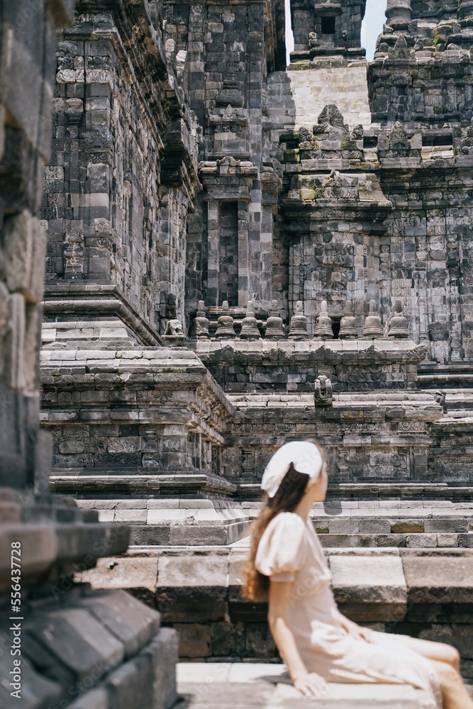 Tourist girl at Prambanan Temple in Yogyakarta, Indonesia