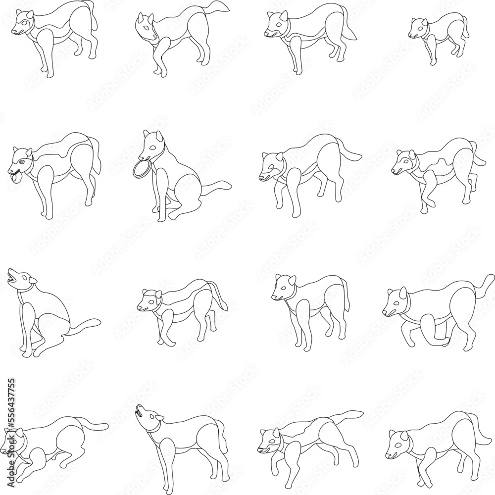 Wolf icons set. Isometric set of wolf vector icons for web design isolated on white background outline