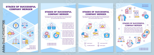 Stages of successful company merger blue brochure template. Leaflet design with linear icons. Editable 4 vector layouts for presentation, annual reports. Arial-Black, Myriad Pro-Regular fonts used